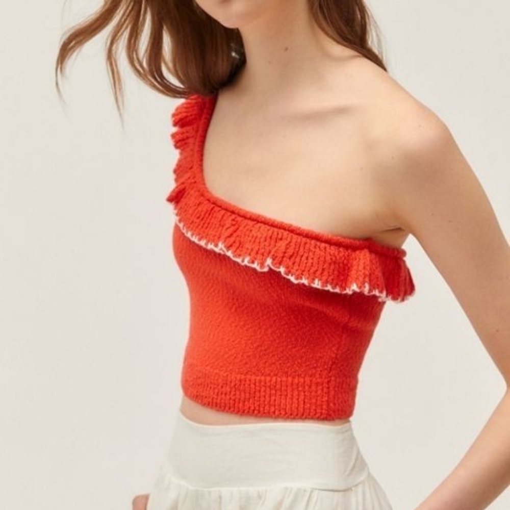 NEW Urban Outfitters Orange Molly Ruffle One Shoulder Crop L - Picture 2 of 9